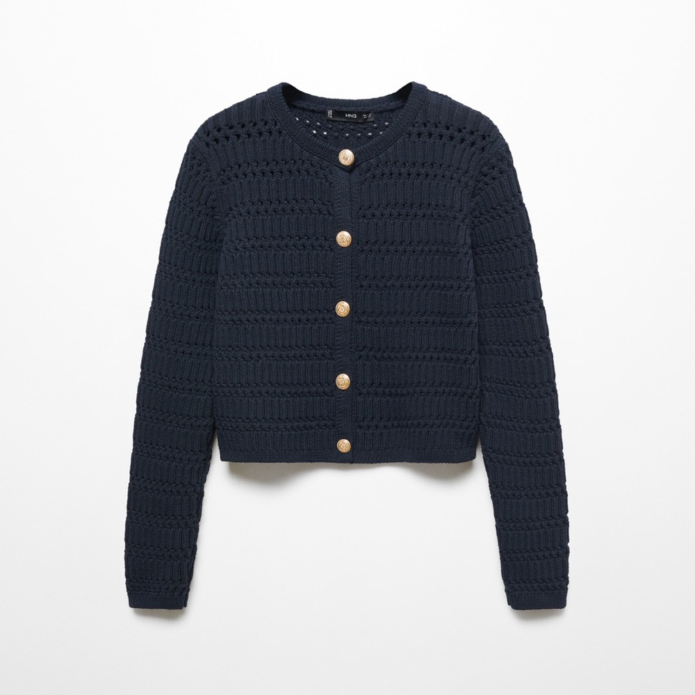 Mango Knitted Cardigan with Gold Jewel Buttons, Navy, Size Medium